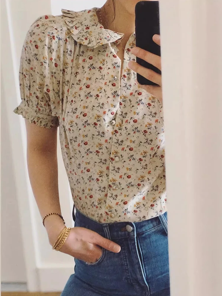 Retro Style Floral Print Bubble Sleeve Shirt Women's Fashionable Vintage Top Turn-down Collar Gathered Hemline Country Style