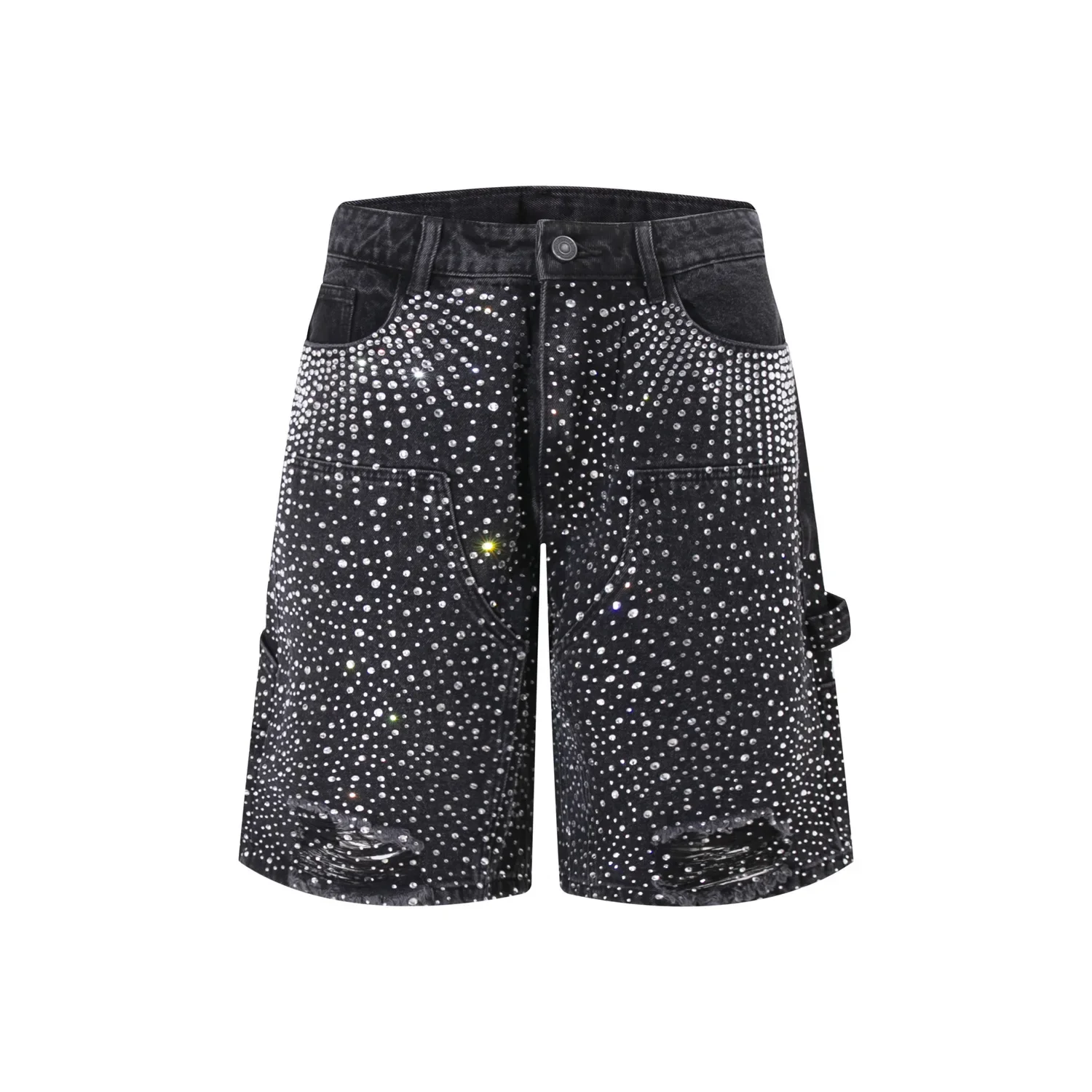 Men Loose Fit Straight Wide Leg Diamond Studded Simple Basic Casual Trendy Simple Basic Knee Length Denim Shorts Male Trousers