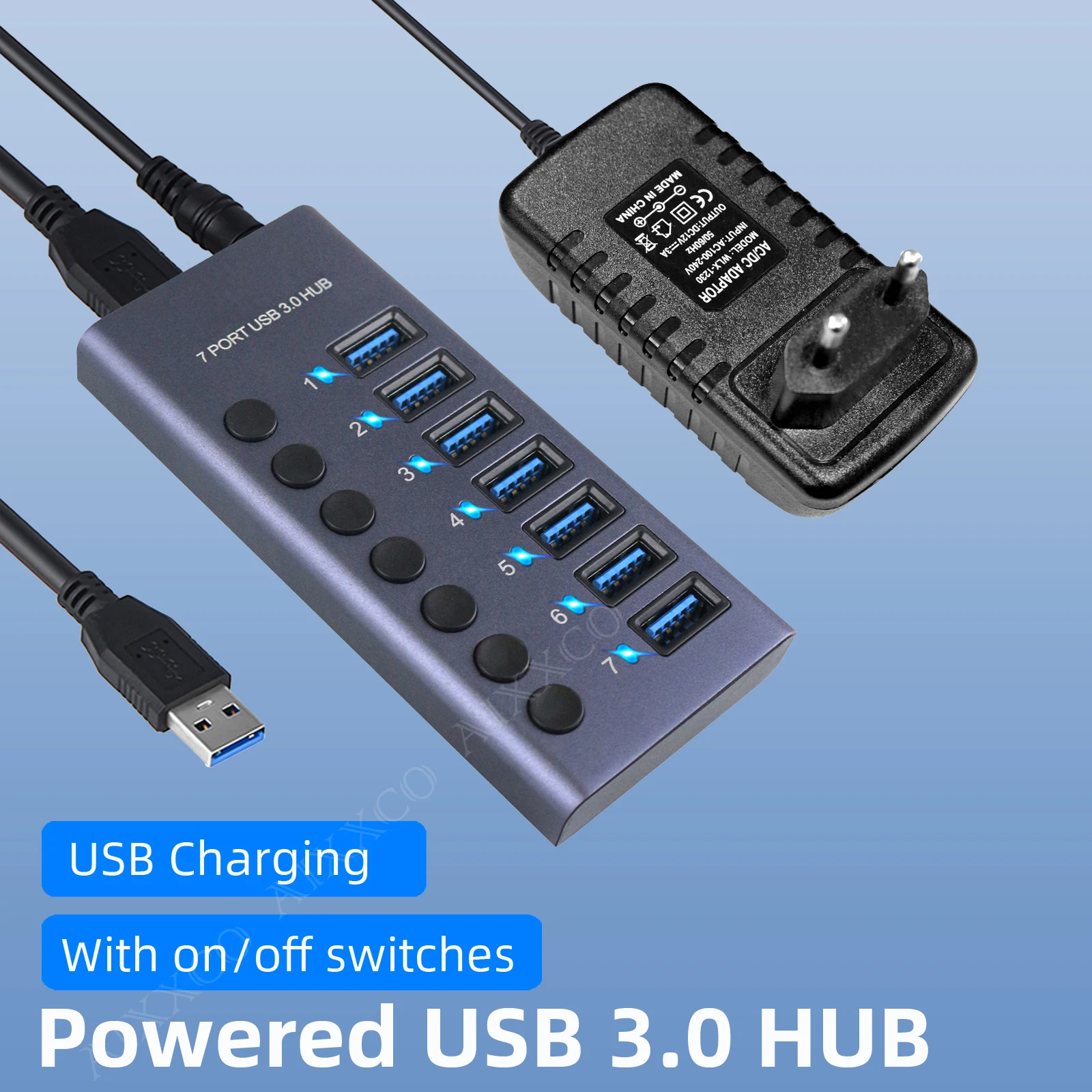 

USB 3,0 концентратор 7/10 алюминиевый 5 Гбит/с USB-Разветвитель переключатель ВКЛ./ВЫКЛ. С адаптером питания 12 В поддержка зарядки компьютера