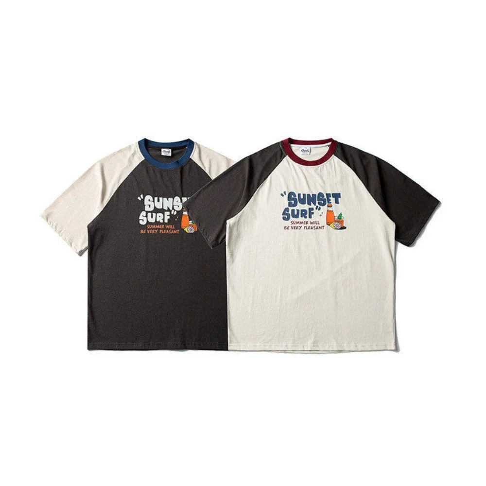 Summer New Color Blocked Shoulder Sleeve T-shirt for Men and Women Retro Loose Casual Couple Short Sleeve Round Neck Tee — купить у AliExpress WW