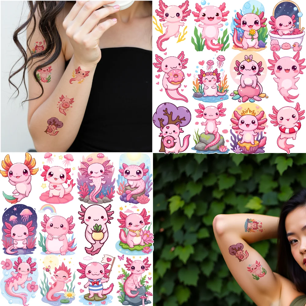 

63pcs Temporary Tattoo Axolotl Characters Temporary Tattoo Stickers Cute Illustrations Waterproof Long-lasting Body Stickers For