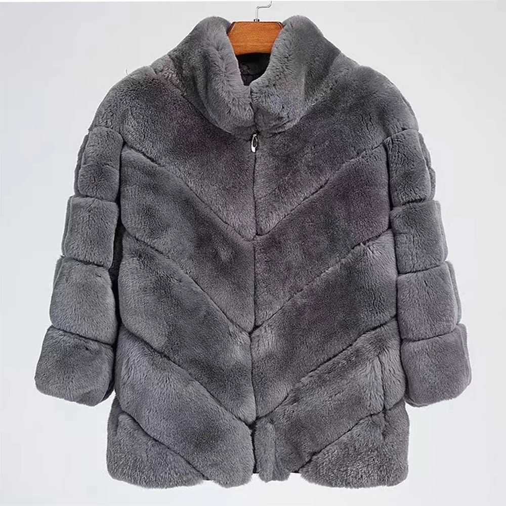 FURSHEHE Winter Women Chinchilla Fur Coat Real Rex Rabbit Fur Coat Natural Rabbit Fur Jacket Ladies Short Overcoat Fashion Wear