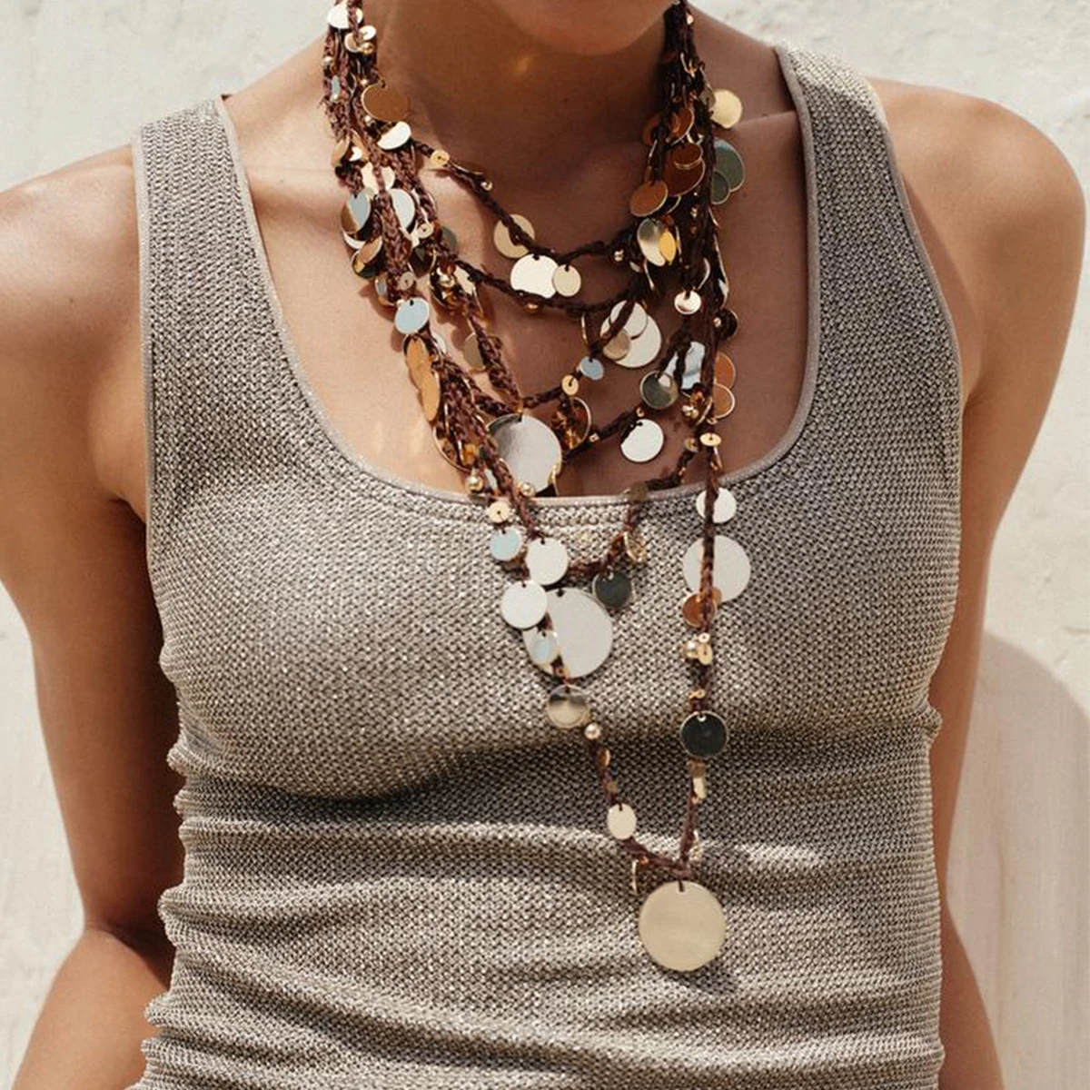 

2025 New ZAA Boho Multilayer Coin Cord Waterfall Necklaces for Women Holiday Party Jewelry Necklace Gifts