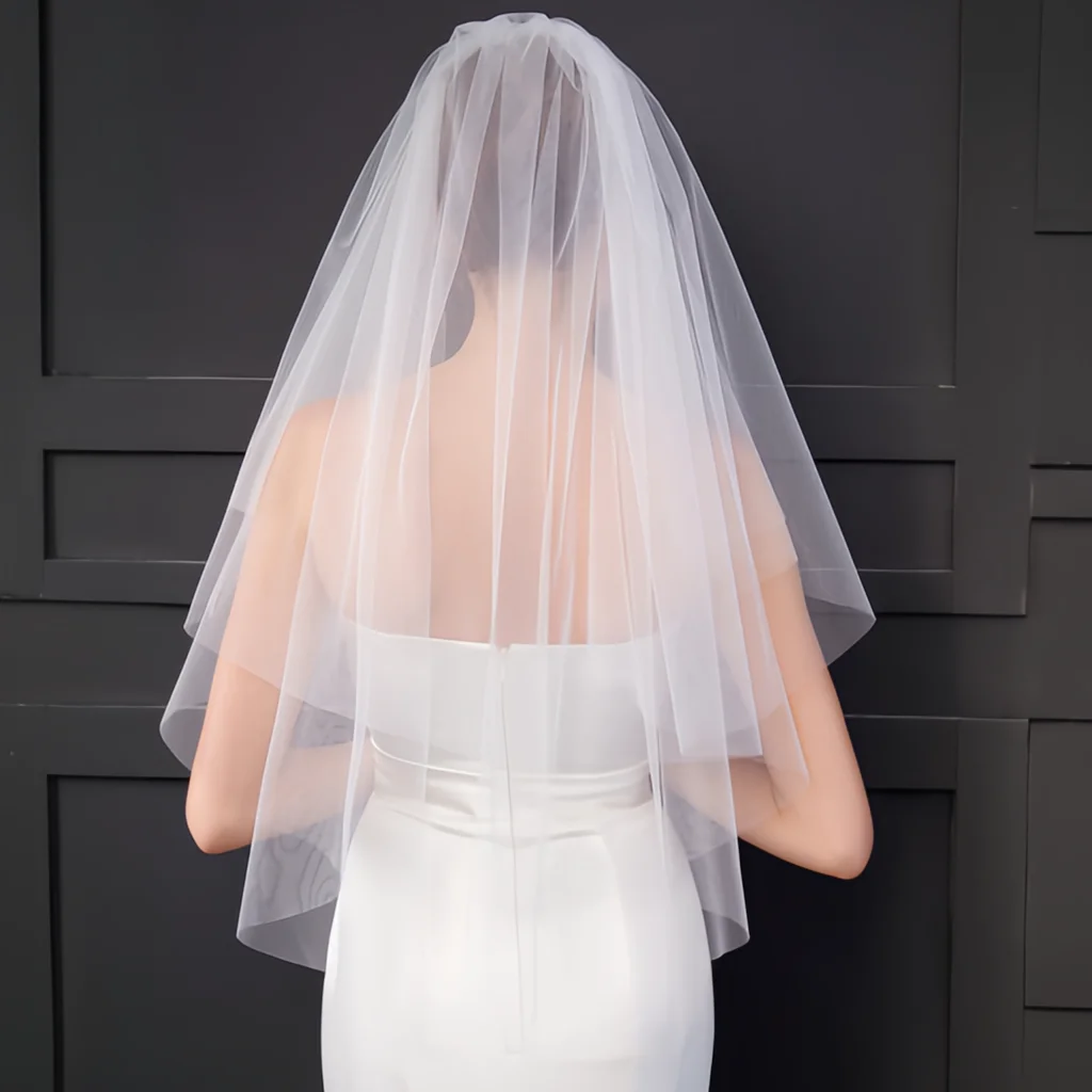 V28-Voile de Mariée Court Minimaliste à Deux Niveaux avec Peigne Blush, Accessoire Élégant pour Robe de Mariée