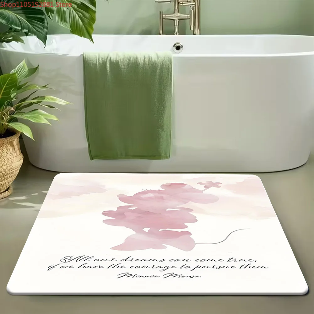 Alfombra de baño con silueta de acuarela rosa de Minnie Mouse de Disney, alfombra de baño antideslizante súper absorbente, alfombra con cita inspiradora y personaje Sh