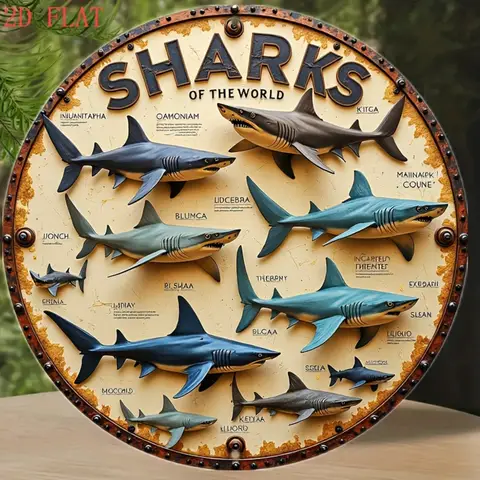 Shark World 8 Inch Round Aluminum Sign - Realistic 3D Wall Decor for Home Garden Bar Cafe Gift