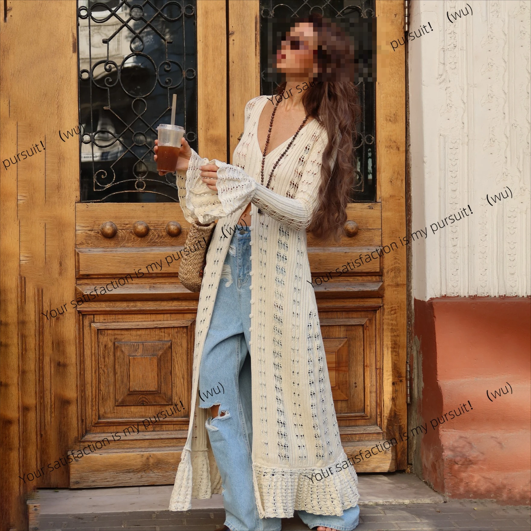 

European and American autumn long sweater jacket women's design sense ruffle leaf edge lazy wind outside with horn long-sleeved