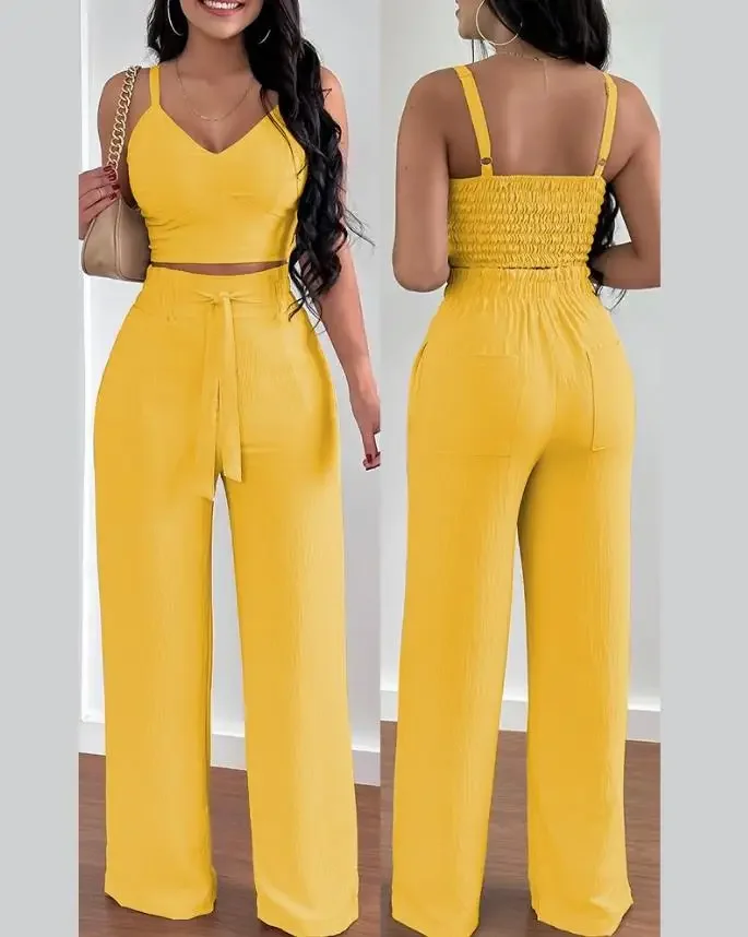 Tow Piceses Outfits for Women 2024 V-Neck Sleeveless Shirred Crop Top & Pocket Design Elegant Work Lady Wide Leg Pants Set