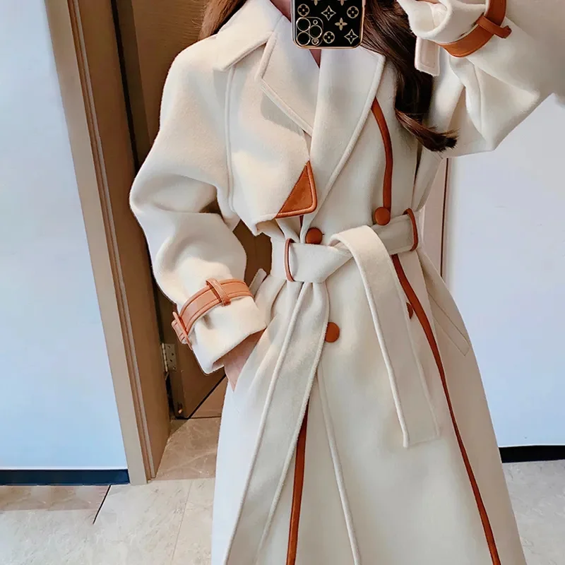 With belt Woolen Coat For women 2024 New Autumn Winter Fashion Slim Temperament Lapel Color blocked Thicken Wool Overcoat Female