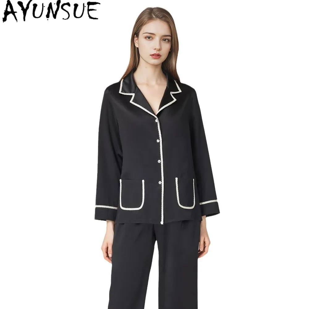 AYUNSUE 100% Real Mulberry Silk Sleepwear Women Home Clothes 19MM Real Silk Pajama Set Spring Summer Sets Long Sleeve Top Pants