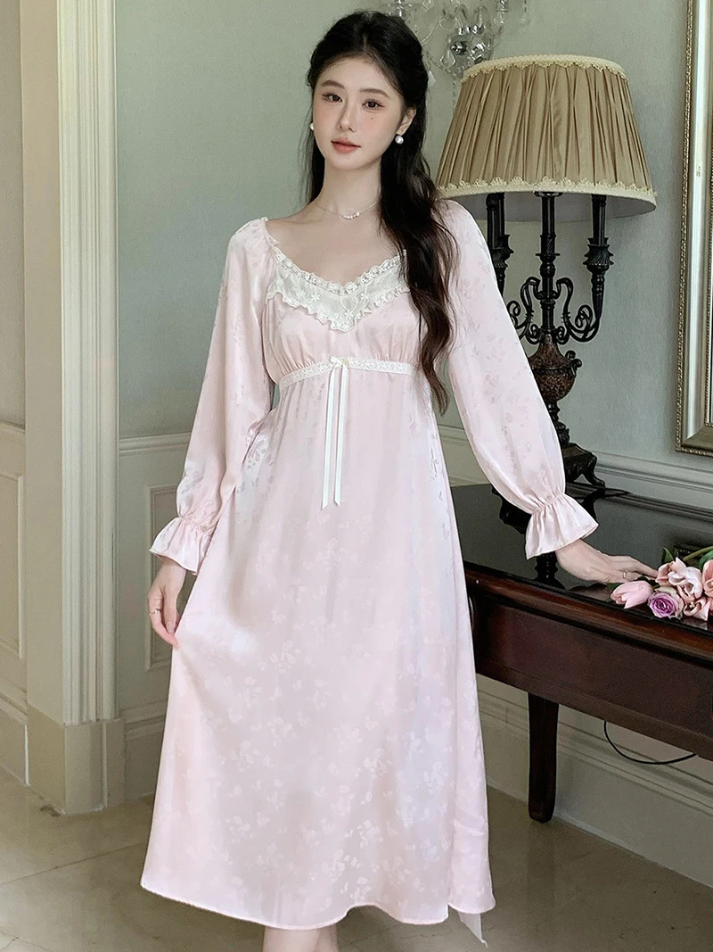 Women French Vintage Pajamas Autumn Fairy Silk Long Sleeve Nightgown Princess Nightgown Night Dress Victorian Home Clothes