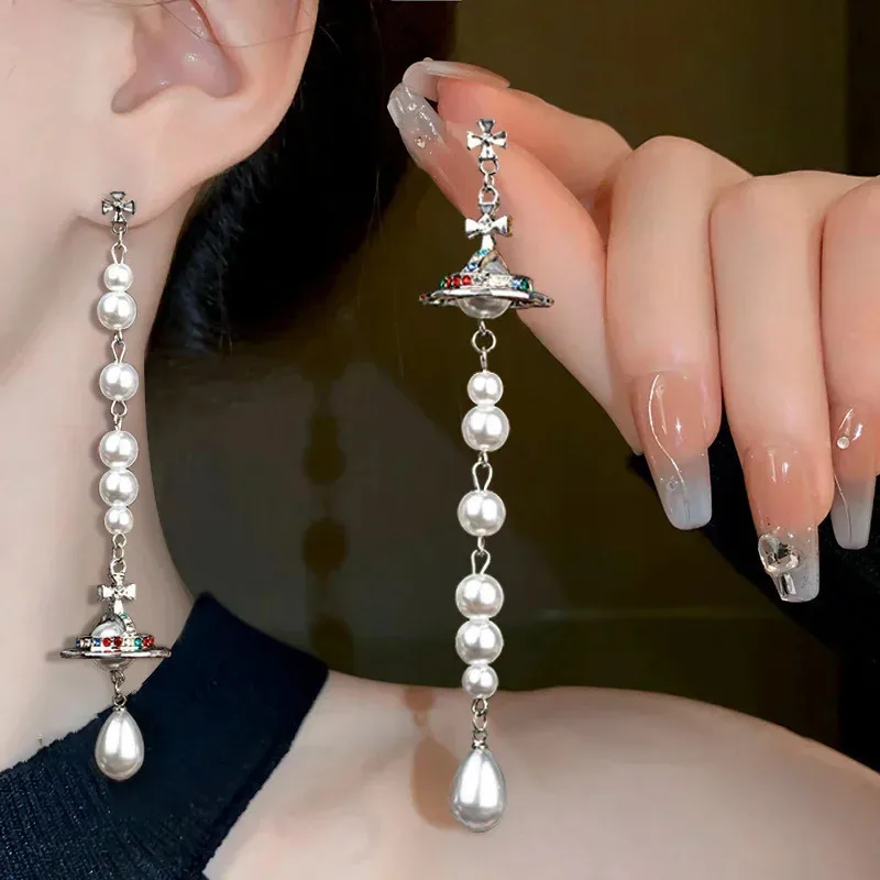 YISON Fashionable Long Pearl Planet Asymmetric Earrings Luxury Women's Sensation Bell Ear Stud Elegant Jewelry Accessories Gift