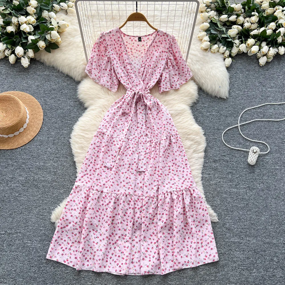 Chic vintage Sexy V-neck print ruffle lace-up Elegant Fairy Summer  Women Boho Sundress women clothing Long dress