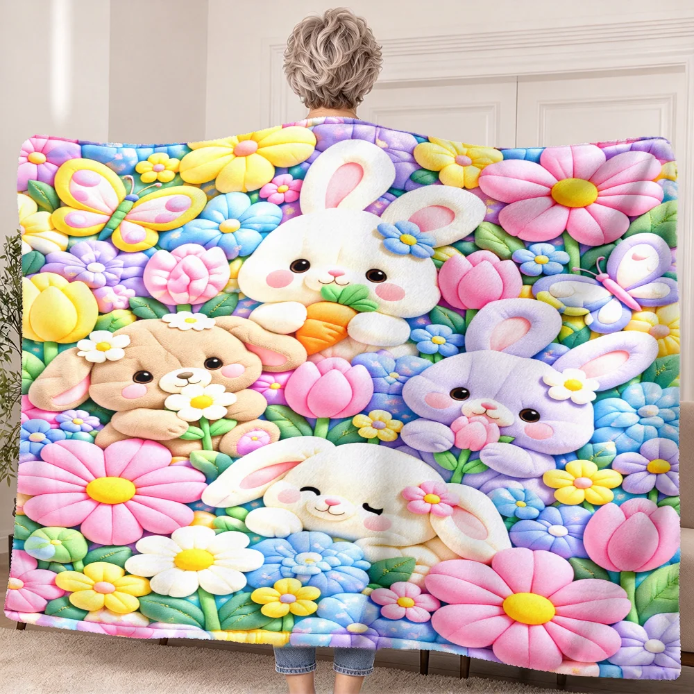 1pc Cute Bunny and Colorful Flower Print Wearable Blanket-Soft, Cozy and Cute. Perfect for casual, gift-giving and everyday comf