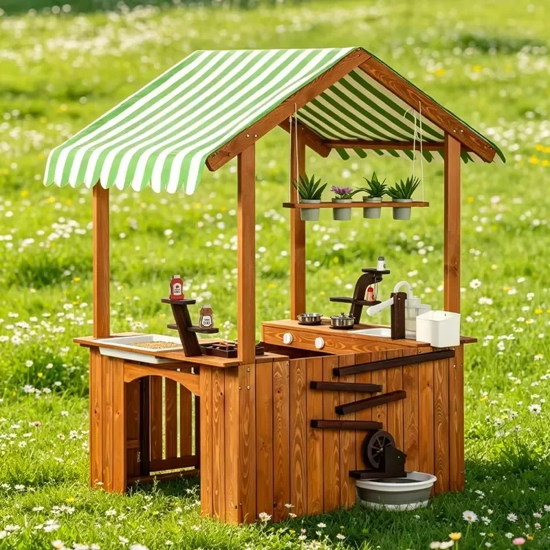 Wooden Mud Kitchen for Kids Outdoor Playset with Awning Backyard Pretend Cooking Toys Dollhouse for Boys and Girls Kids