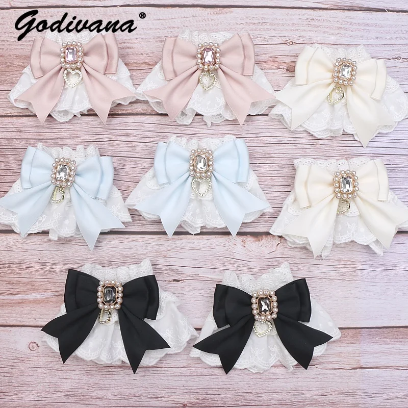 Handmade Mine Sweet Cute Embroidered Cotton Lace Bow Rhinestone Oversleeves Lolita Girl Women Cosplay Lo Oversleeves