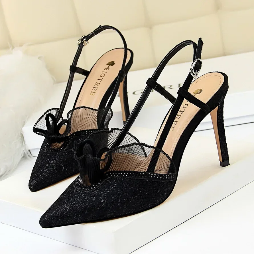 

2025 Fashion Women Sandals Mesh Rhinestone Lace Hollow Kitten Pumps Stilettos Summer Thin High Heel Single Shoes Grace Slippers