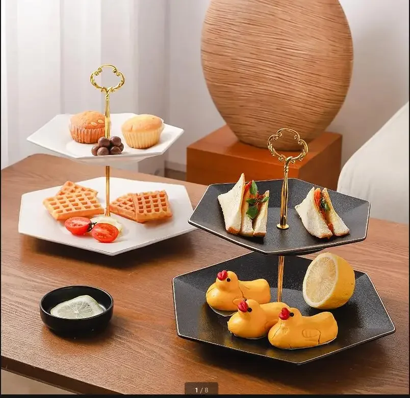 

Ceramic Cake Stand Two Layers Hexagon Display Stand Dessert Cake Pan Fruit Plate Snack Candy Tray Decorative Frame Dessert Stand