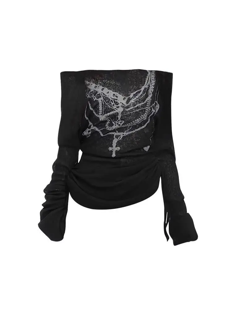 الأمريكية الرجعية تيز كم طويل تي شيرت مائل الرقبة القمم المرأة عادية Y2k القوطية الشرير نمط موضة ثقافة فرعية الخريف الملابس