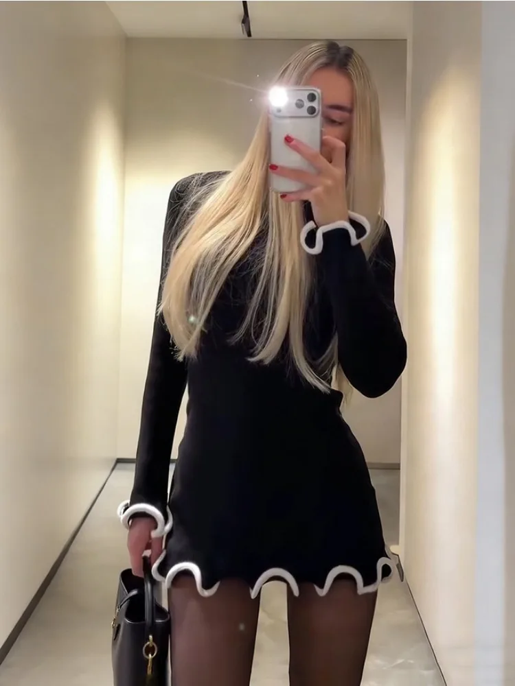 Tossy Fashion damska dzianinowa Mini sukienka z marszczeniami jesień wysoka talia elegancka, wąska sukienka na imprezę patchworkowa dzianina sweter damska sukienka