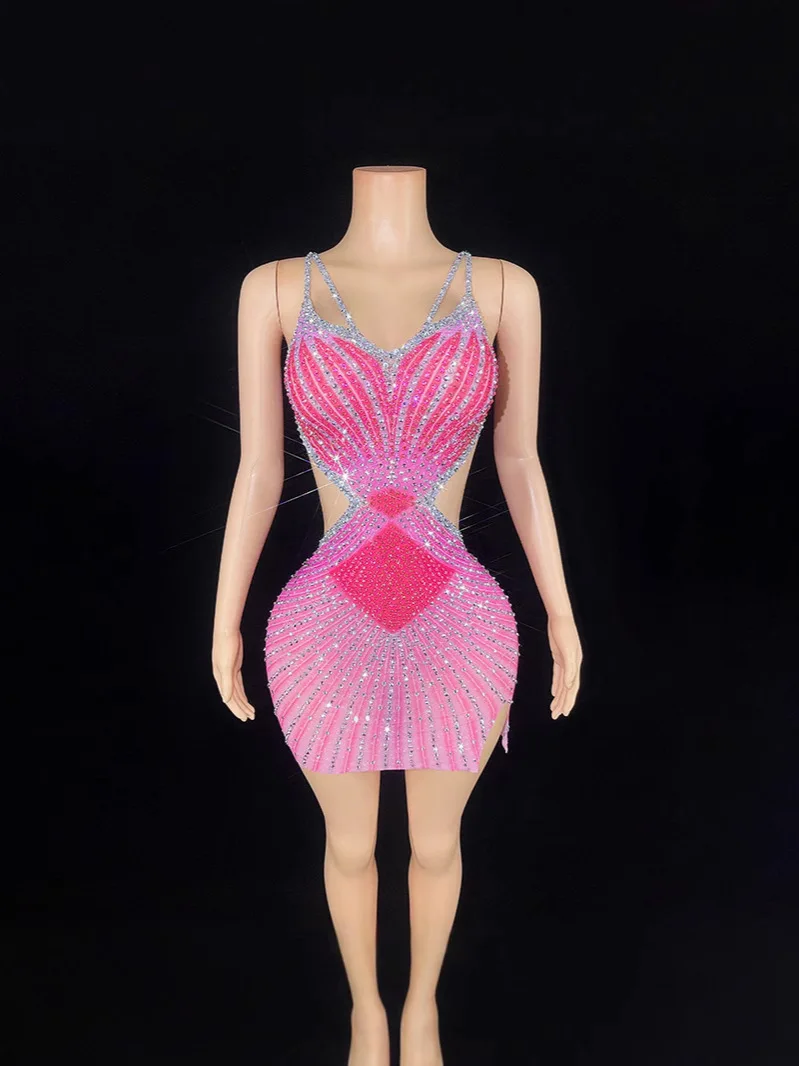 

Summer Clothes for Women Suspender pink Diamonds Stretchy Mesh Sexy Mini Dress Evening Dresses for Prom Party Ball Room