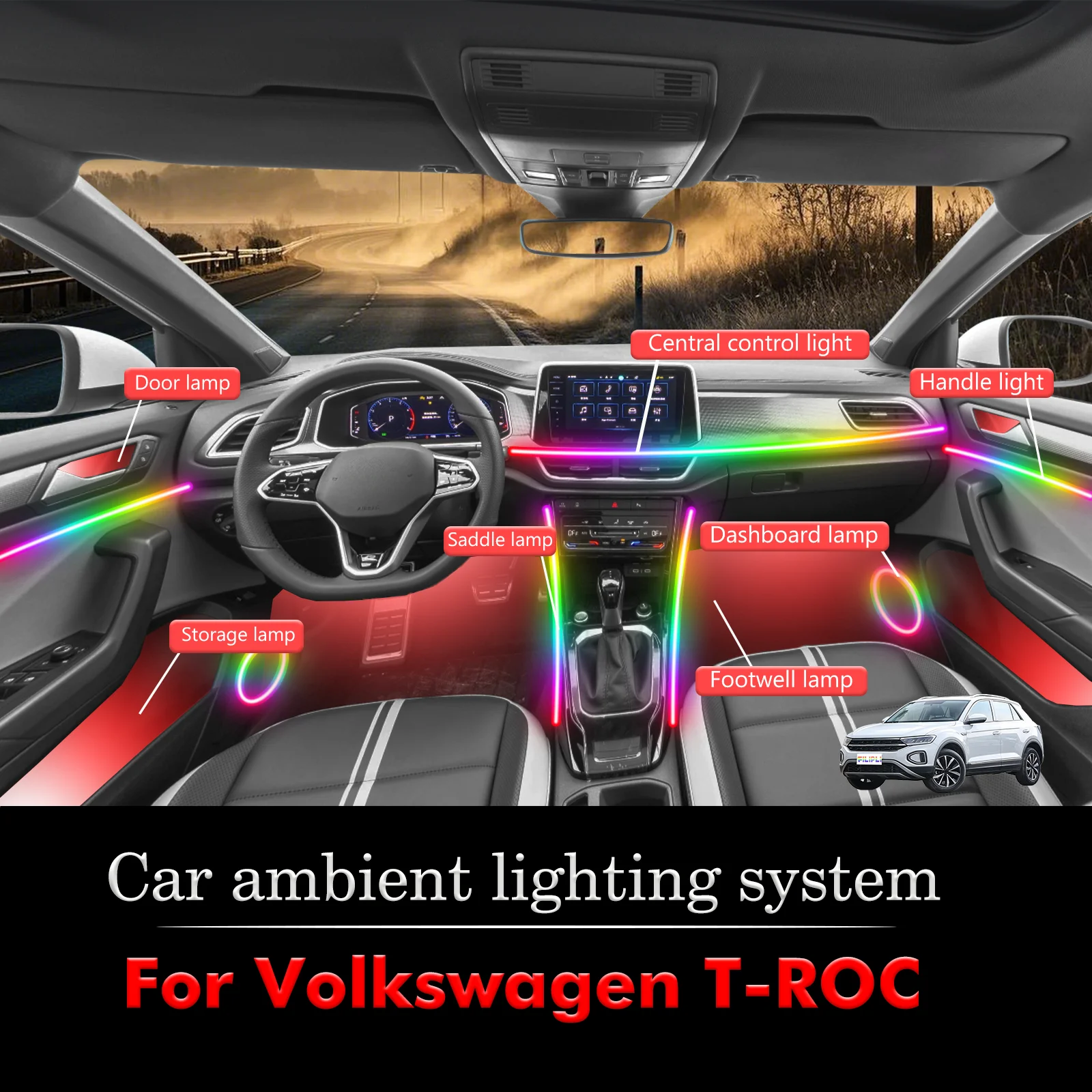 

For Volkswagen T-ROC Smart Remote Control RGB 64 Colors LED Car Interior Ambient Light Energy Saving Efficient Lamp Kit