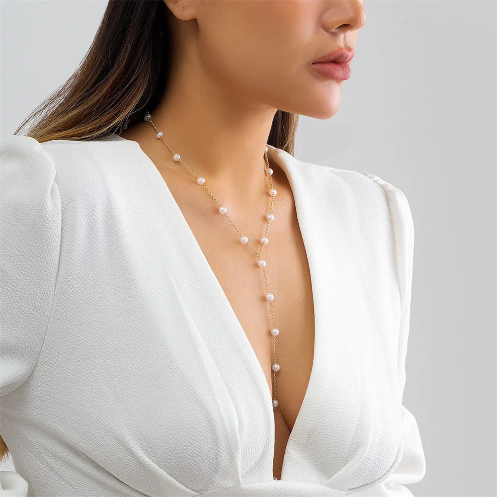 Multi-layer Imitation Pearl Chain Necklace for Women 2024 Fashion Elegant Simple Long Y-shaped Necklace Holiday Jewelry Gifts