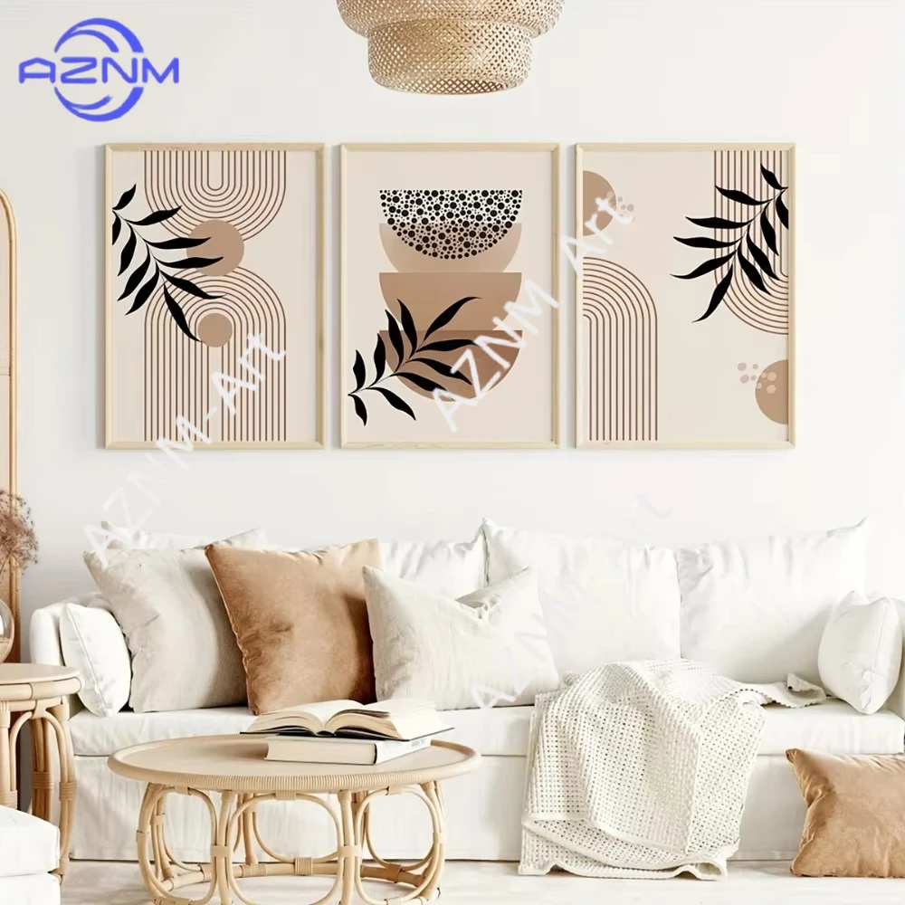 1/3 Stück rahmenlose, neutrale Bohemia-Kunst, Mid-Century-Modern-Druckkunst, neutrale Kunst, Bohemia, braun, geometrisch, schwarzes Blatt, Leinwanddruck