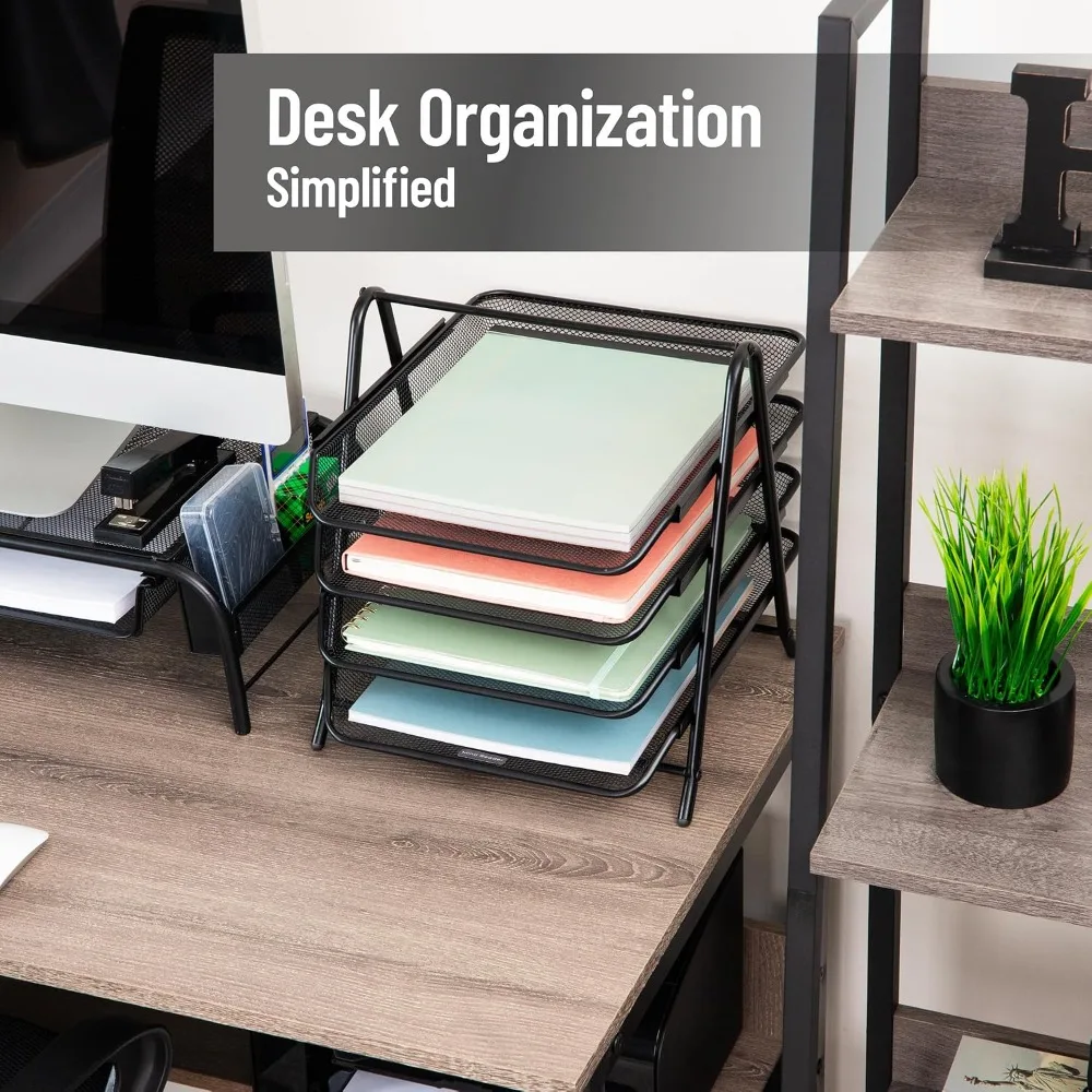 4-Tier Mesh Desktop Organizer, Slide-Out Trays for Files & Documents, Non-Slip Base, Black view 2