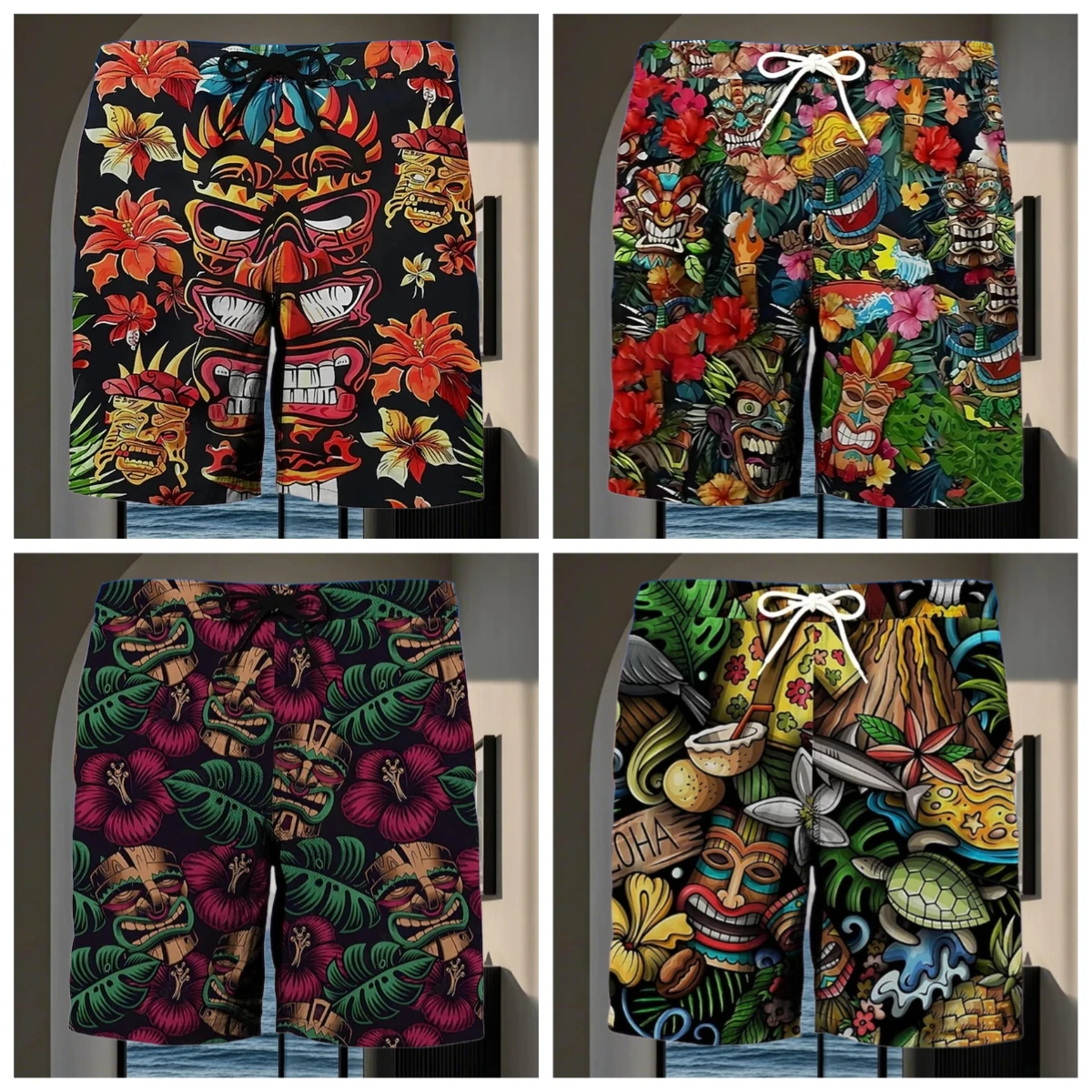 

Мужские шорты Tiki, летние повседневные шорты с 3D принтом, тропические растения, графическое дерево, цветок, дышащая мягкая повседневная мужская уличная одежда