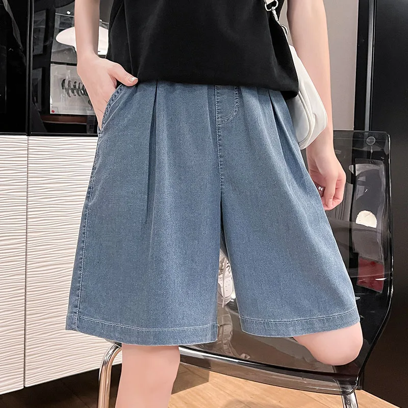 Women'S Summer Thin High Waist Loose Slim Wide Leg 5-Point Pants Female Fashion Casual Versatile Elastic Waist Denim Shorts