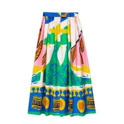 Summer Colorful Abstract Paint  A-line Printed Ankle Long Pleated Skirts