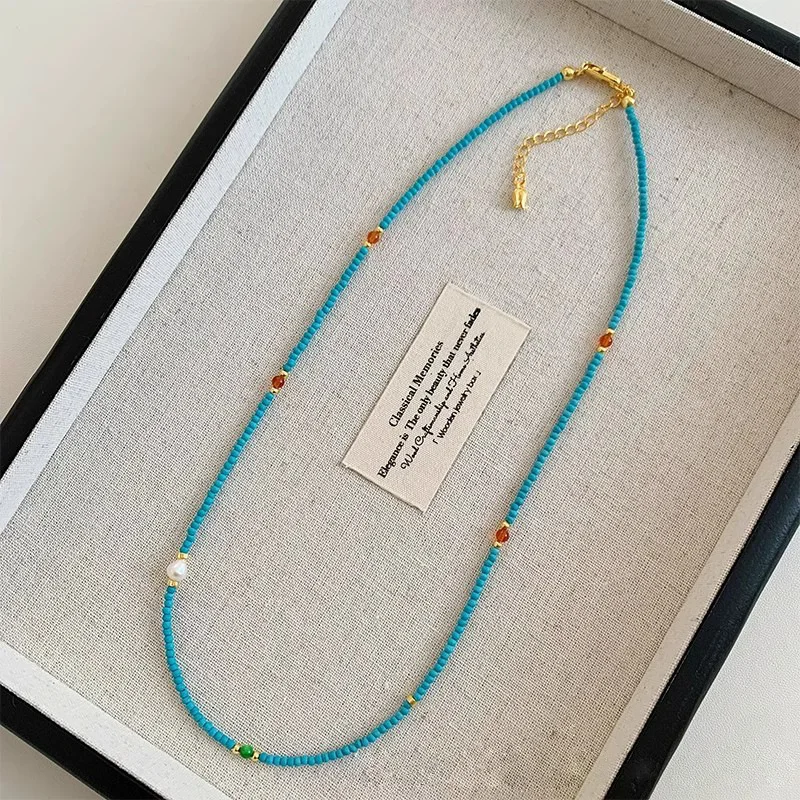Freshwater Pearl Turquoise Beaded Necklace Delicate Ultra Thin Chain Premium Unique Choker for Women Daily Office Party Jewelry