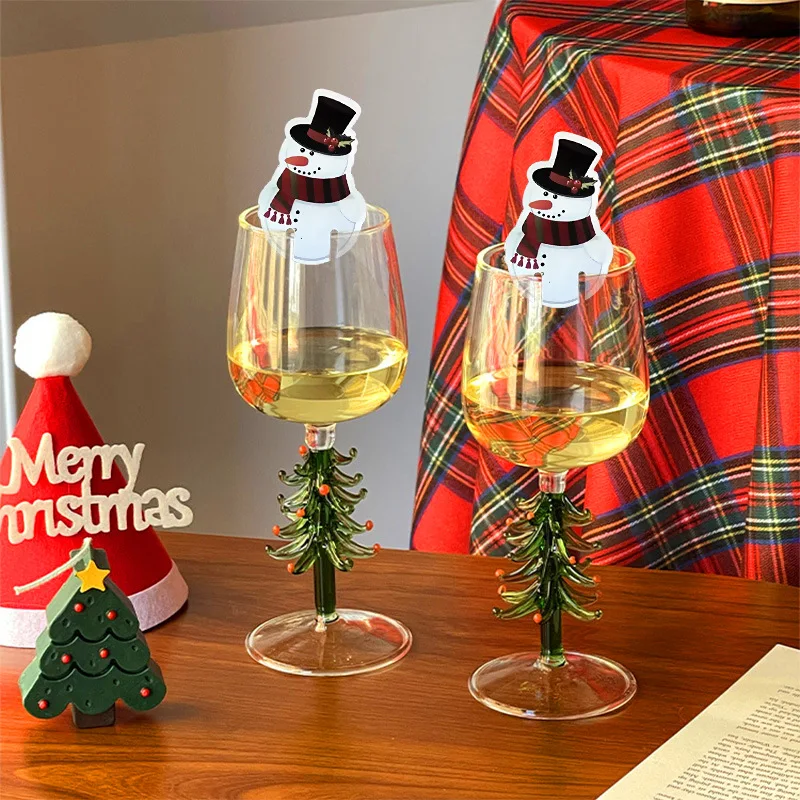 10pcs Christmas Glass Cup Card Lovely Santa Claus Deer Champagne Wine Cups Hats Card Ornaments Xmas New Year Party Decoration