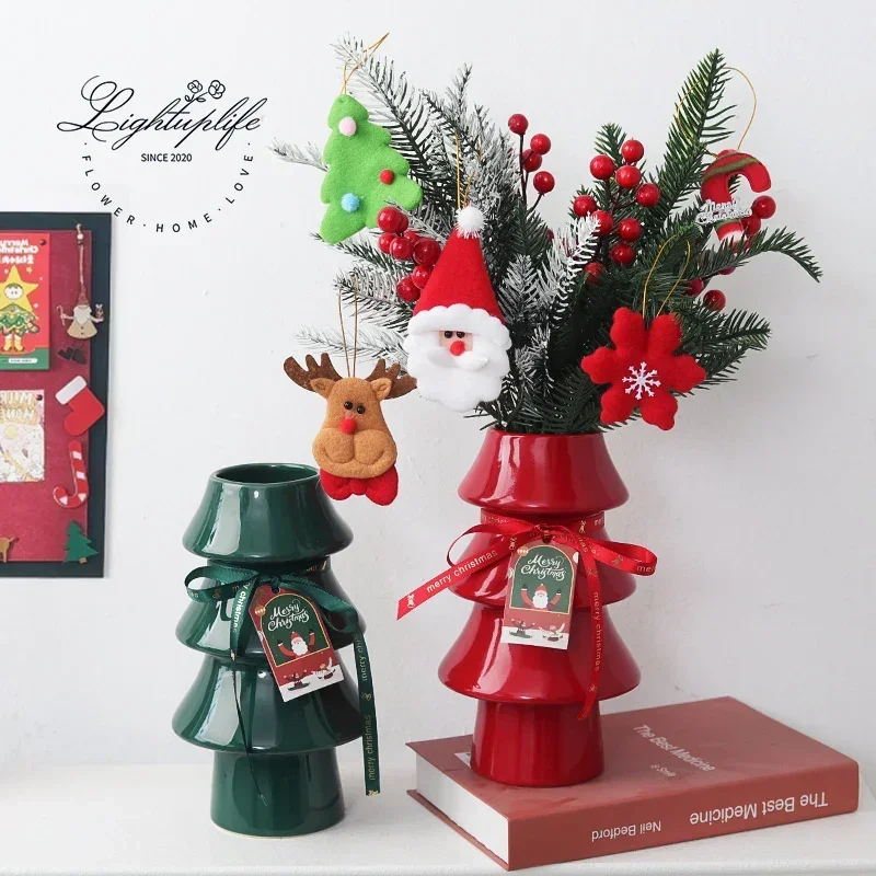 Christmas Desktop Flower Arrangement Vase Centerpiece Red Christmas Tree Boot Ceramic Vase Indoor Craft Holiday Decoration