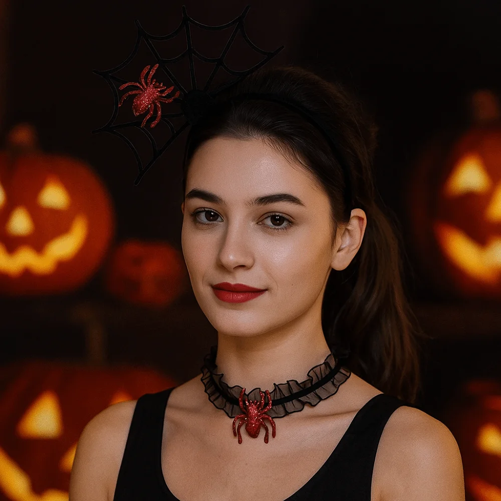 

Fashion Black Halloween Headband Ruffles Hollow Hairband Necklace Set Cosplay Props Mesh Spider Web Hairband Party