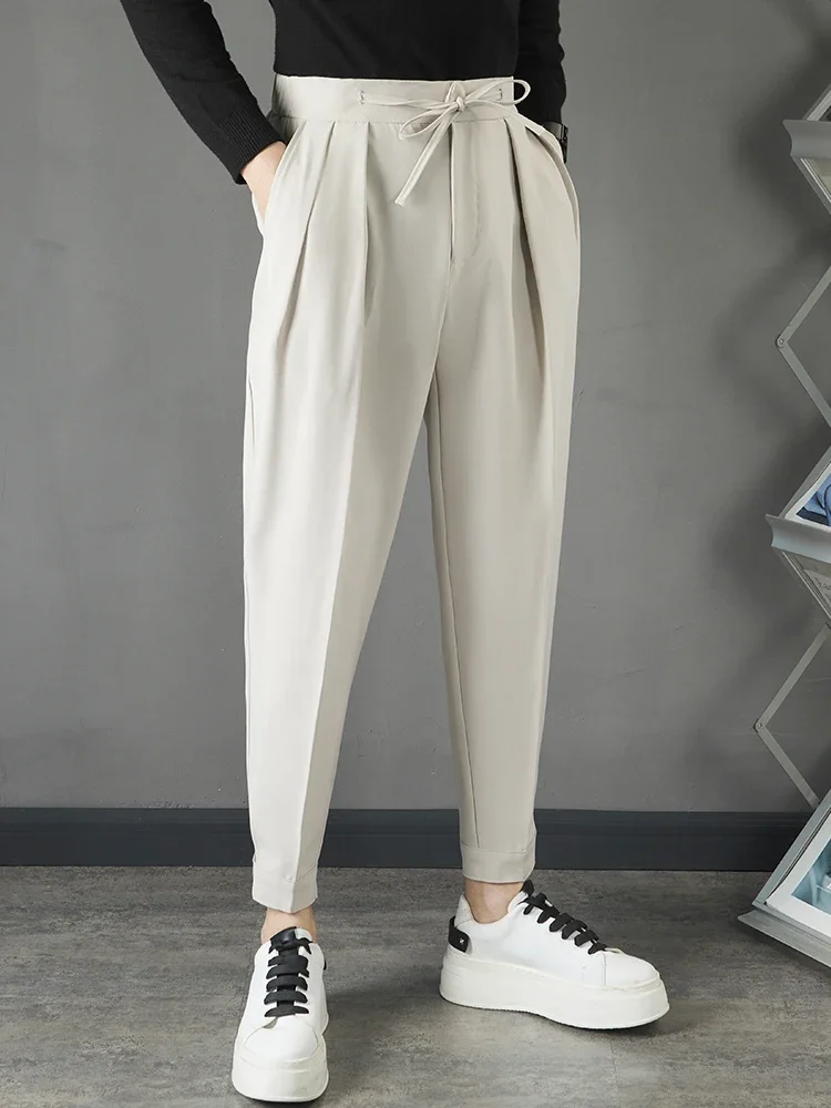 

Однотонные брюки в британском стиле, мужские брюки Harlan, официальная одежда, деловые брюки, тонкие повседневные офисные брюки с завязками на маленьких ногах