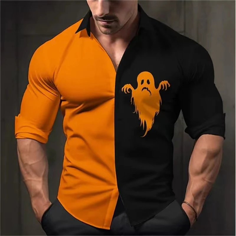 2023 New Halloween shirt for Men Fashion Skull for Men Shirt Pumpkin retro button Top Soft Comfortable shirt Luxury clothes