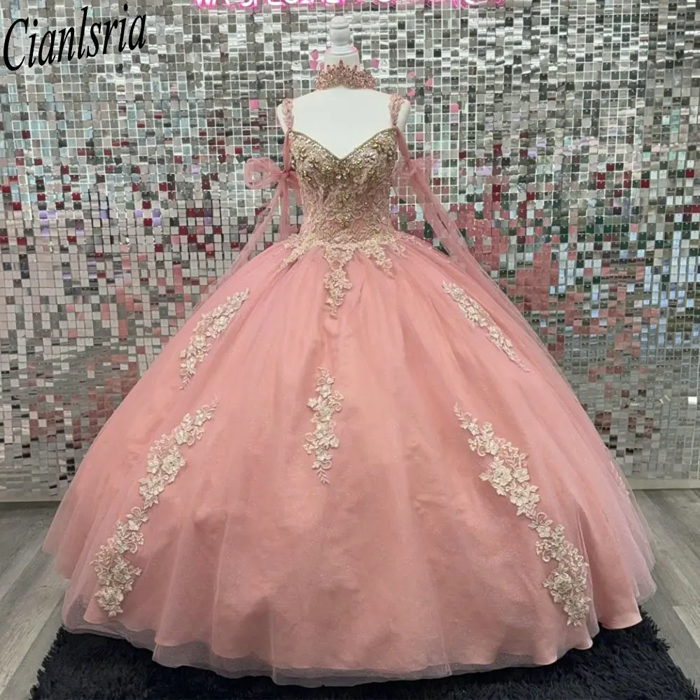 Vestidos De quinceañera con cuentas De cristal rosa, vestido De baile con tirantes finos, Apliques De encaje, 15 Años