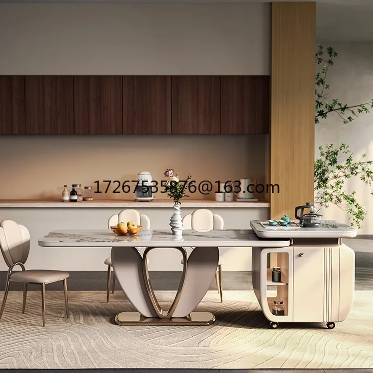 

Остров из каменной плиты, обеденный стол, встроенный бытовой кухонный светильник, роскошный передвижной элитный обеденный стол и комбинация стульев