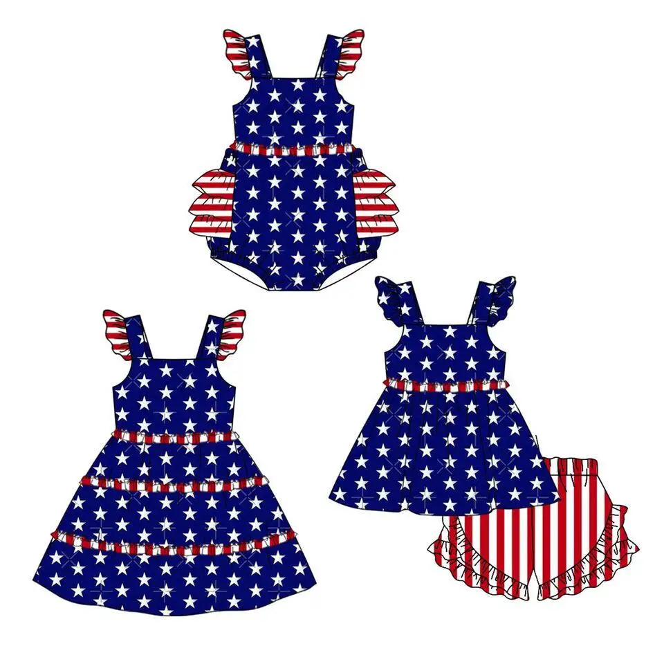 7.4 Independence Day clothing baby girl flutter sleeve dress five-pointed star print red striped pants festival milk silk c