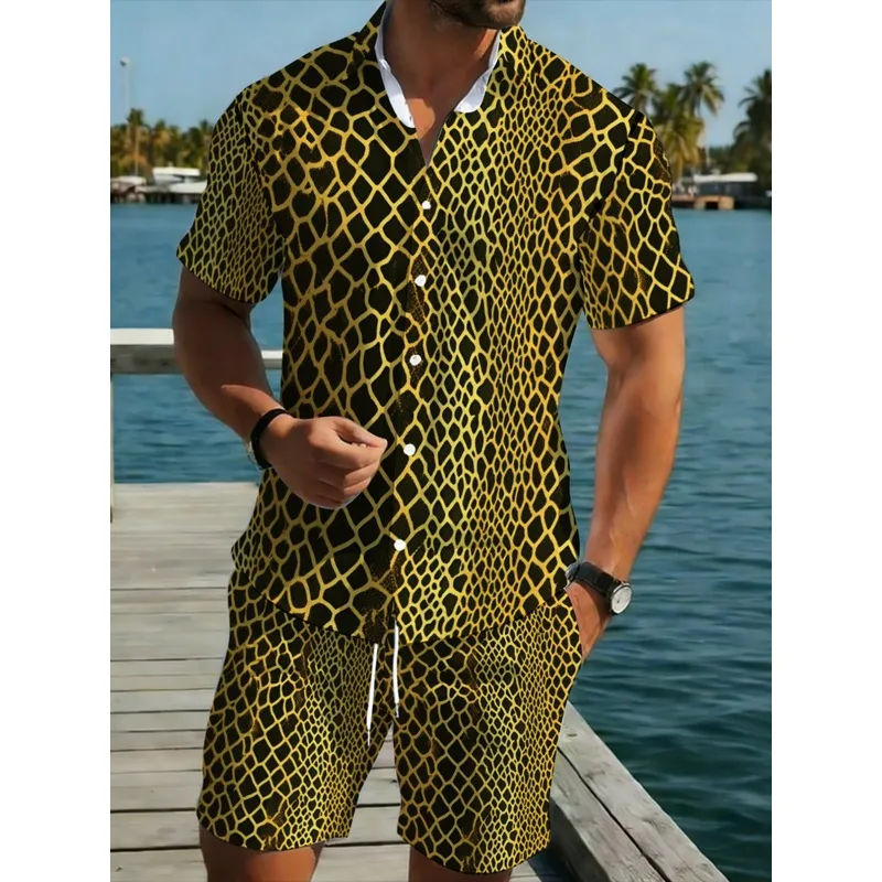 Conjunto de Camisa y Pantalones Cortos con Estampado de Leopardo Amarillo para Hombre, Ligero, de Poliéster, Cómodo y Duradero, para la Playa, la Piscina, Fiestas