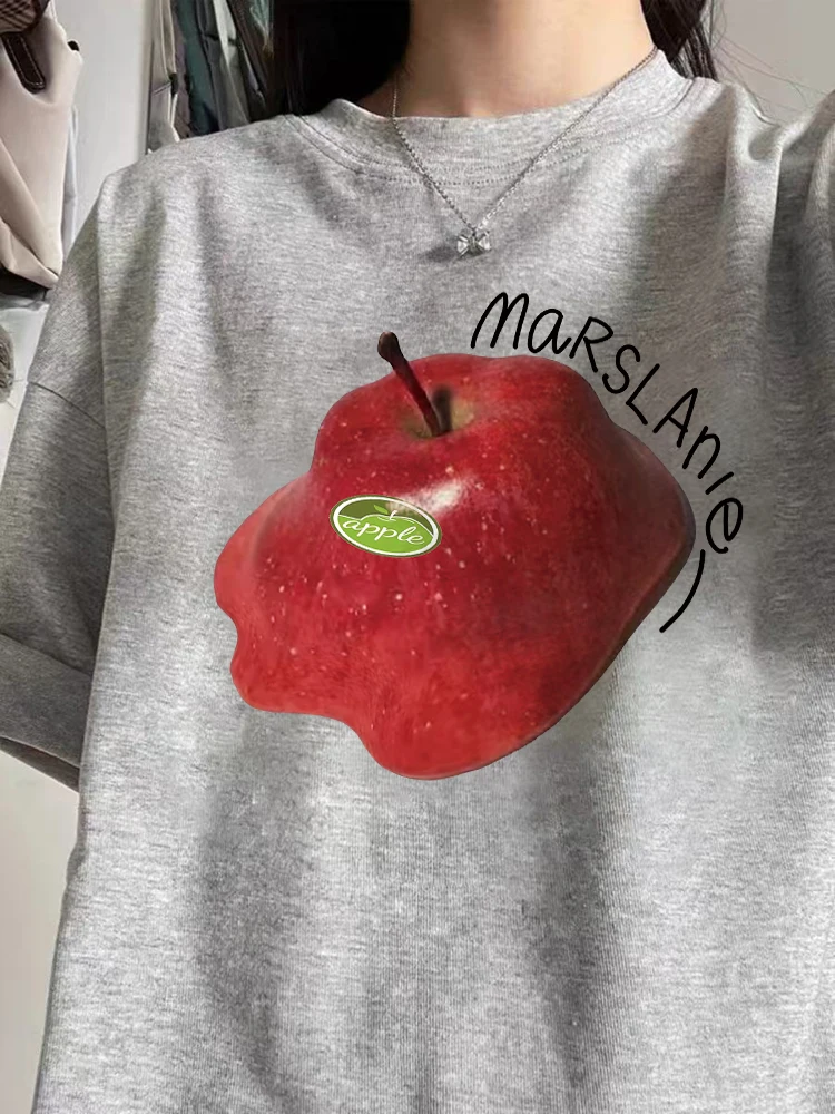 القطن الخالص التفاح الأمريكي تذوب الطباعة الإبداعية قصيرة الأكمام تي شيرت المرأة الصيف تصميم رمادي الجبهة الكتف تي شيرت عادية