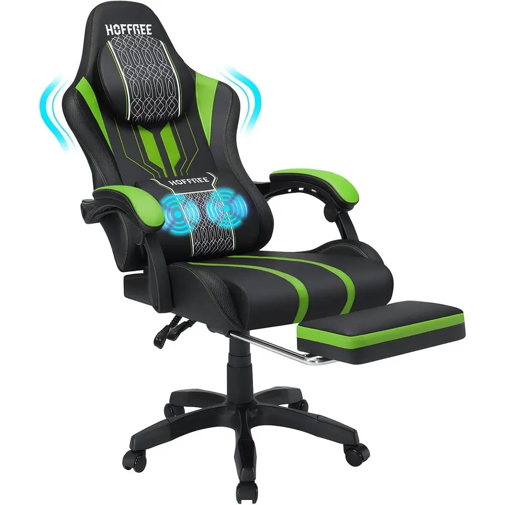 Massaging Big & Tall Gaming Chair for Adults - 400lb Capacity, Reclining, Green & Black