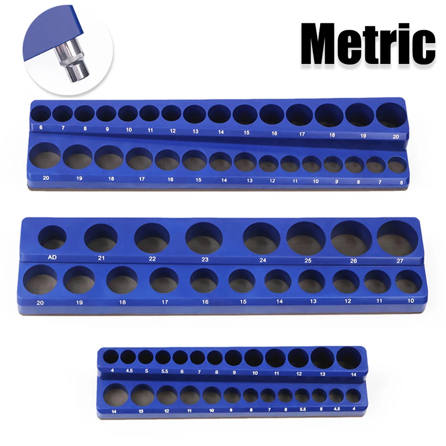 Blue Magnetic Sockets Storage Rack 1/4In 3/8In 1/2In Plastic Socket Display Holder Kit Professional Metric Tools Organizer