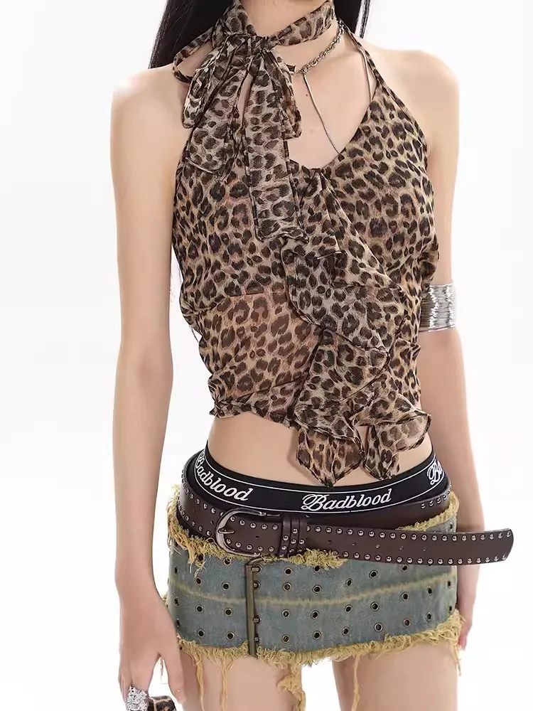 Imagem -02 - Reddachic-ruffle V-neck Top Leopard Crop para Mulheres Halter Vintage Camisola Bandagem Colete sem Mangas Streetwear Harajuku Y2k