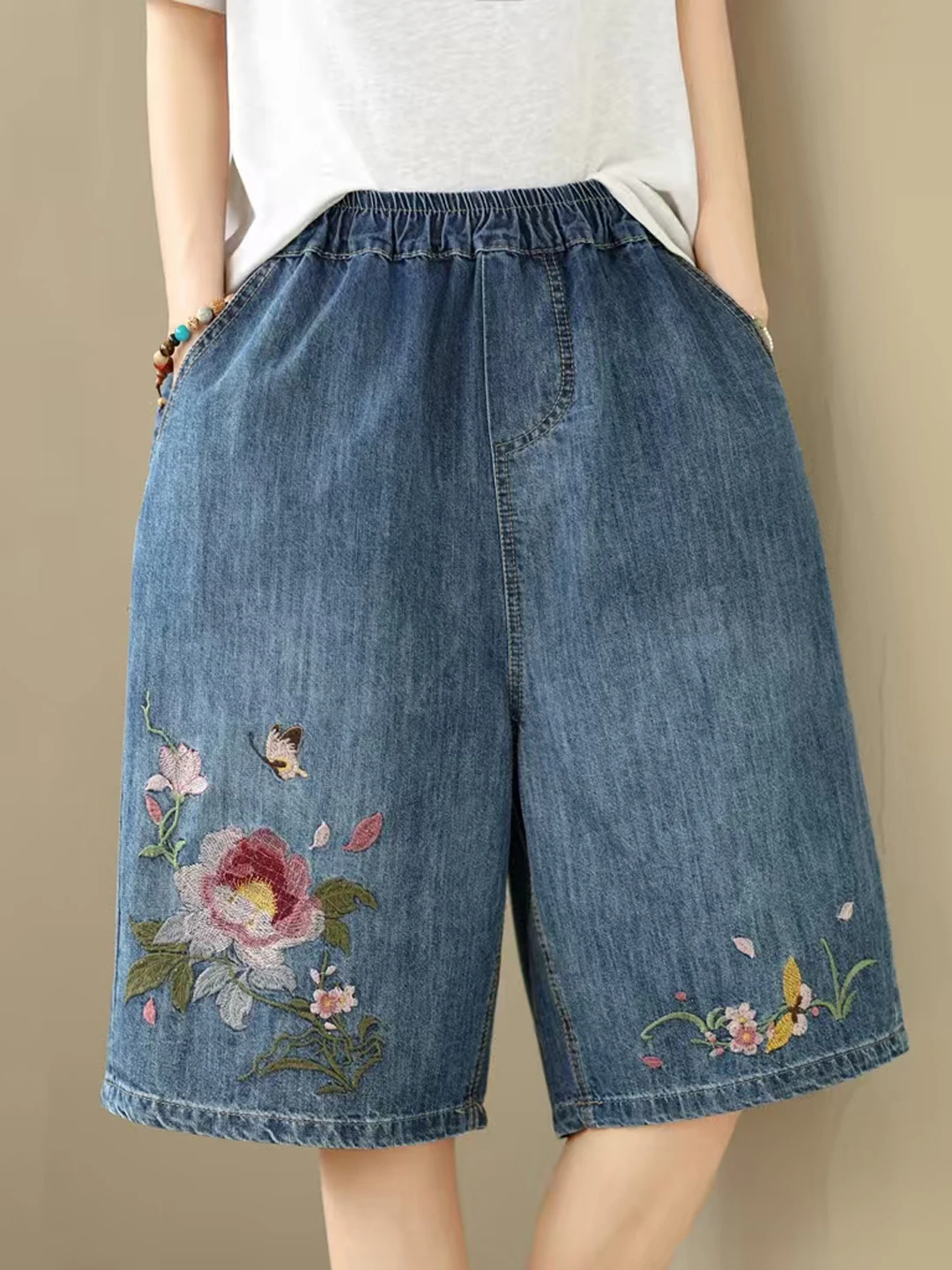 

Casual Fashion Embroidered Soft Denim Shorts Wide Leg Pants Summer Leisure High Waist Cotton Polyester Blend Girls Jeans
