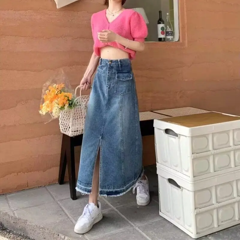 

Slimming High Waist Midi Denim Skirt for Pear aped Women Spring Autumn Casual Straight Cut Blue Jeans Skirt Bodycon Dr