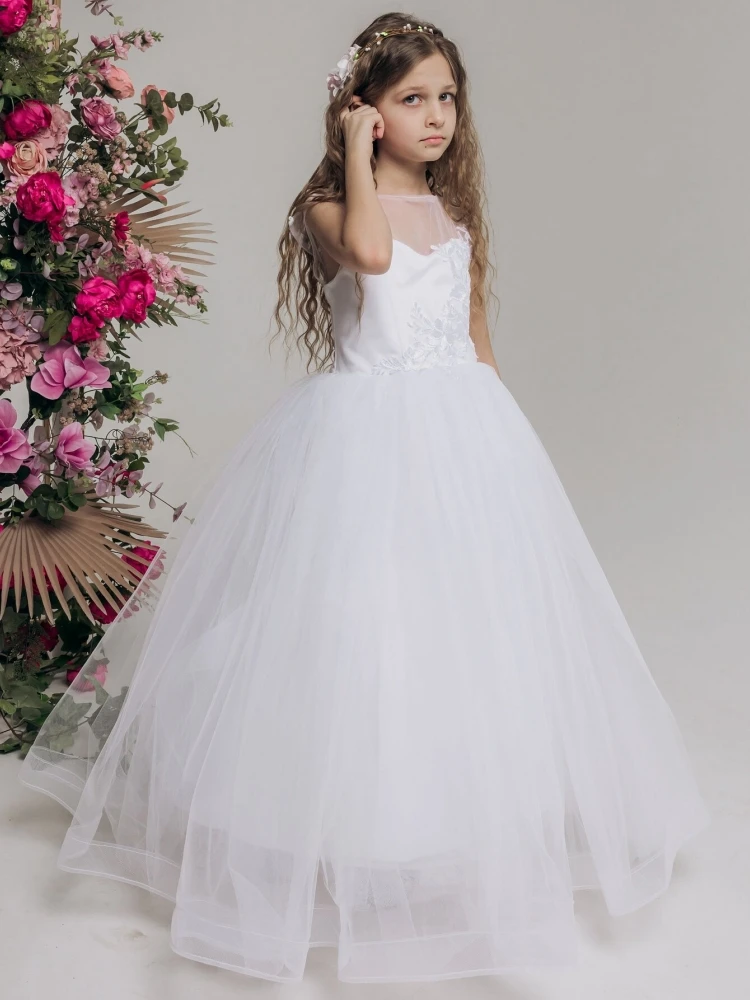 White Flower Girl Dress Tulle Puffy Appliques Sleeveless For Wedding Party Birthday First Communion Gowns