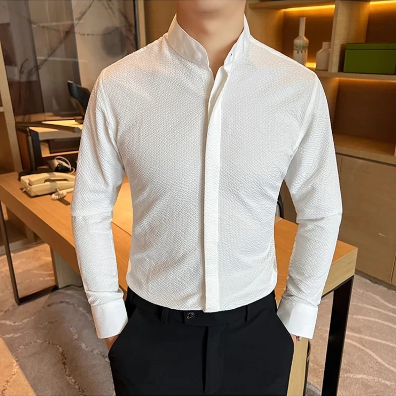 Chinesischen Stil Stehkragen Langarm-shirt Männer Sommer Atmungsaktive Schaum Gaze Casual Business Kleid Shirts Sozialen Büro Tops